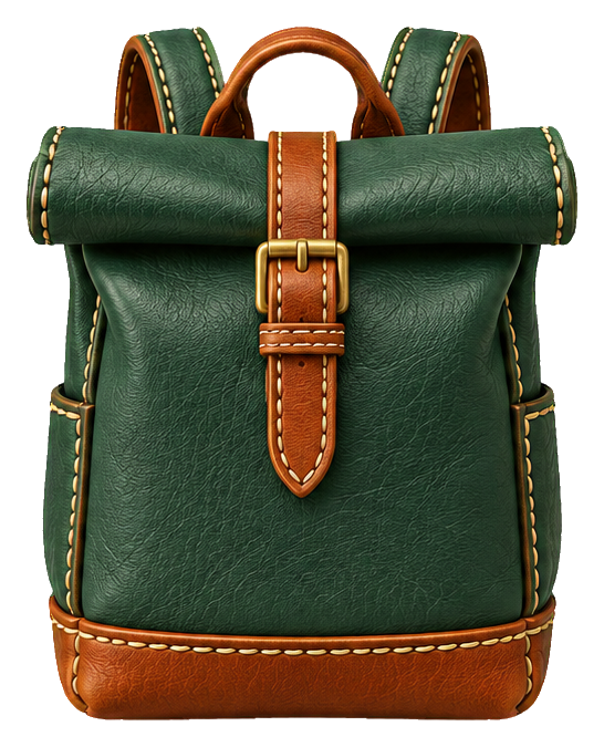 Green stitched leather rolltop bag with tan straps and buckle.