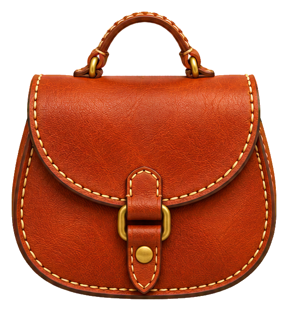 Brown stitched leather saddle bag with flap, strap, and top handle