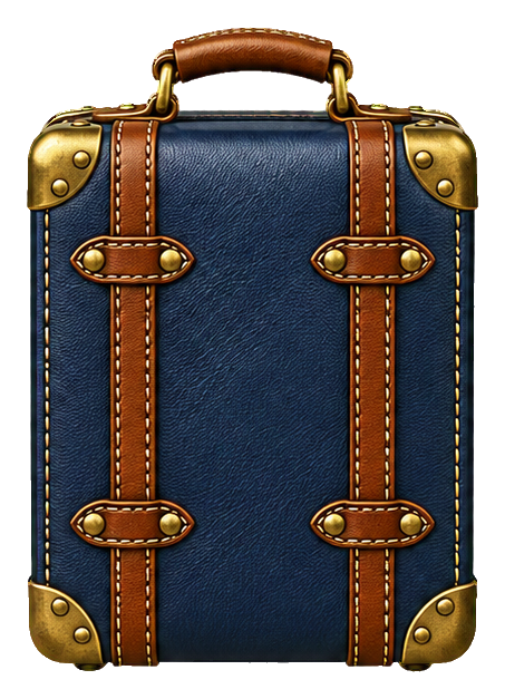 Blue stitched leather suitcase with brown straps and gold corner accents.