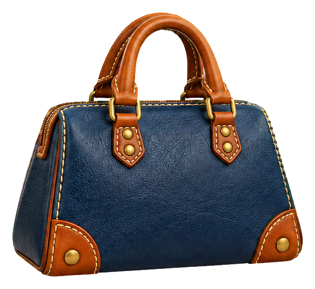 Blue weekender bag with stitched leather handles and tan corner accents