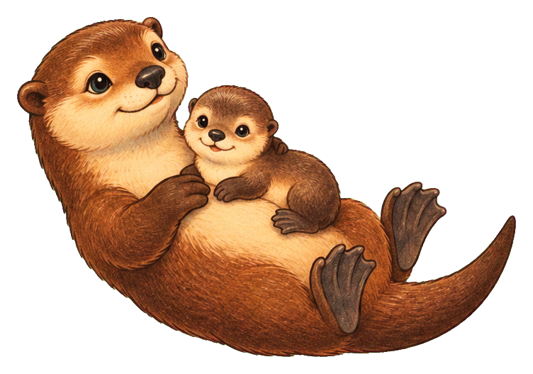 Vintage-style otter mama holding a baby pup in a storybook illustration