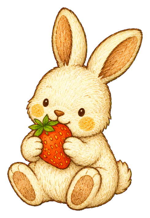 Cute bunny holding a strawberry with a soft cottagecore look