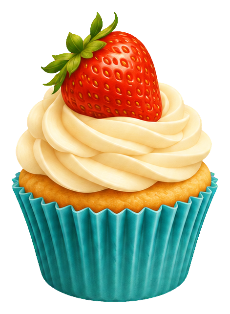 Airbrush-style strawberry cupcake with cream frosting and a turquoise wrapper
