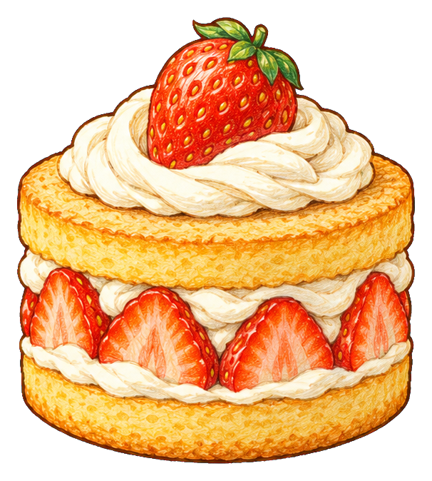 A strawberry shortcake dessert with whipped cream and sliced strawberries.