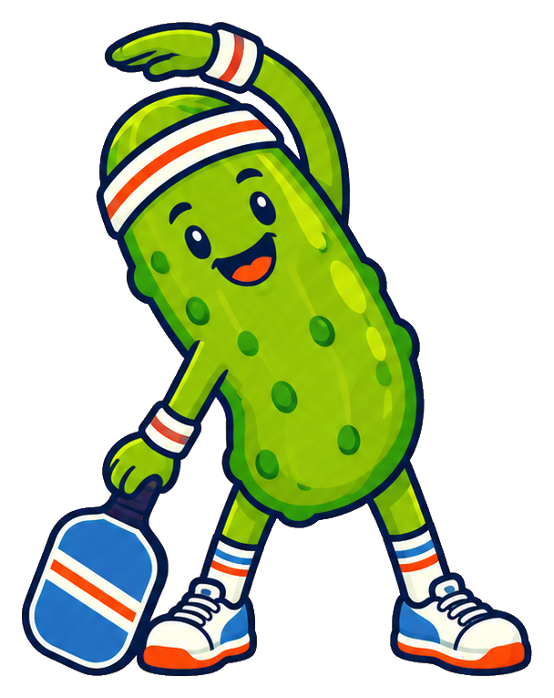 A smiling pickle character stretching beside a pickleball paddle.