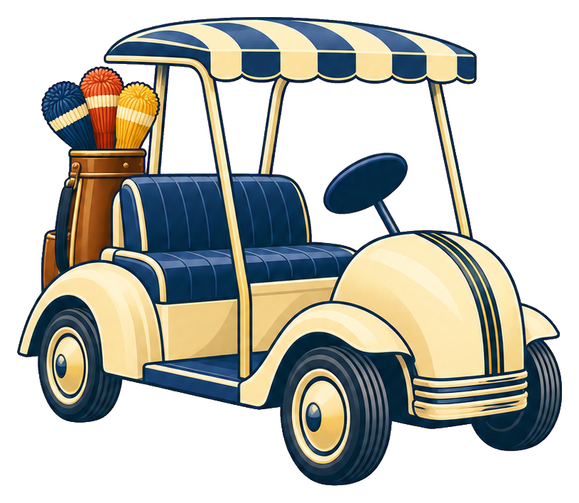 Striped vintage golf cart with golf clubs in the back.