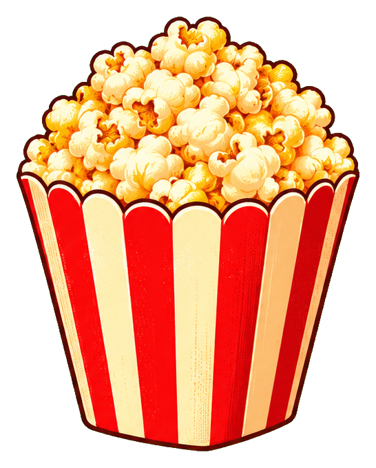 Retro striped popcorn bucket filled with popcorn kernels, cut out on a transparent background.