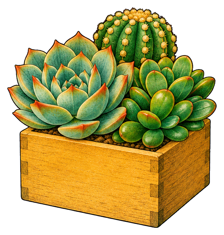 Three green succulents in a wooden planter box sticker graphic