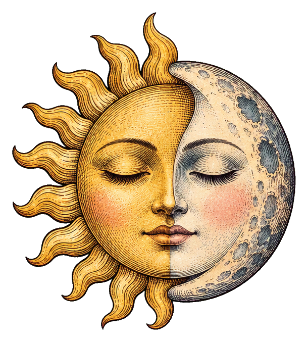 Vintage sun and moon face with half golden sun and half pale moon.
