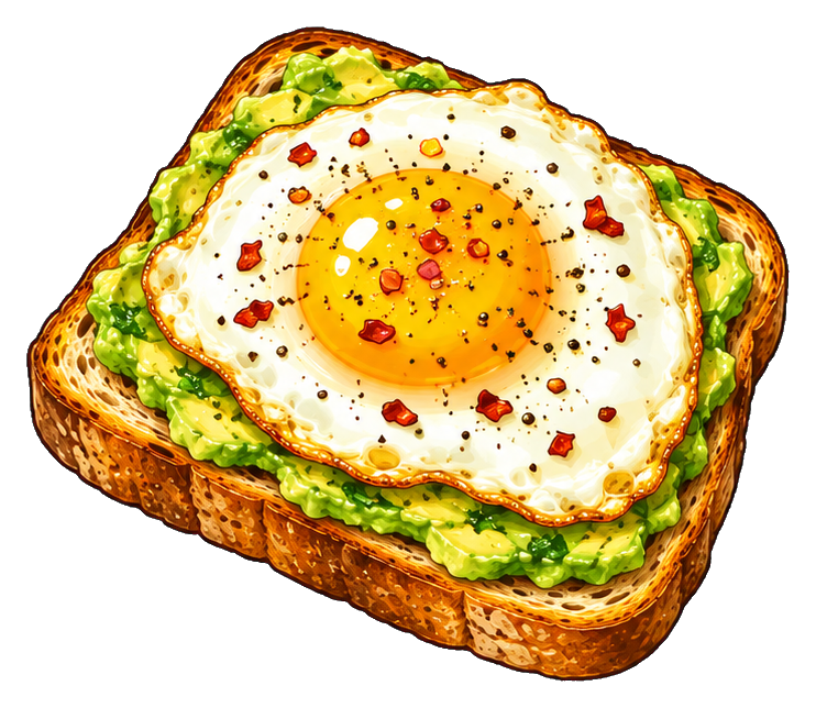 Avocado toast topped with a fried egg and seasoning on a slice of bread