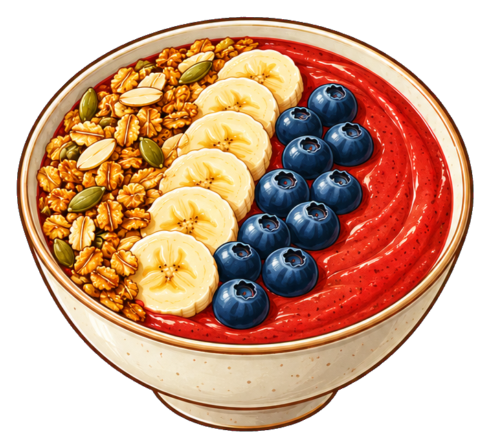A smoothie bowl topped with bananas, blueberries, and granola in a round bowl