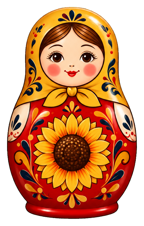 Colorful matryoshka doll with sunflower design and floral folk-art details