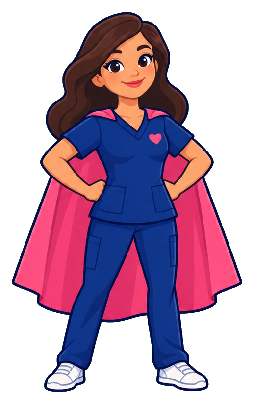Cartoon nurse in a blue uniform and pink cape standing with hands on hips