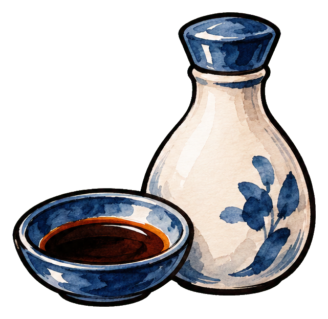 Illustrated soy sauce bottle and dipping bowl in an ink painting style.