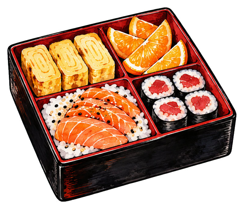 Illustrated sushi bento box with tamagoyaki, salmon sushi, rice rolls, and orange slices.