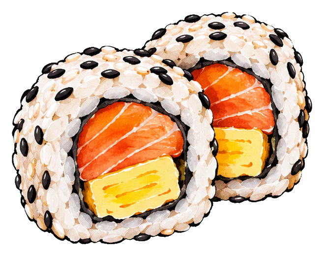 Two inside-out sushi rolls with salmon, egg, and sesame seeds.