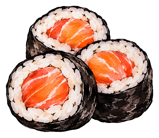 Three sushi maki rolls with salmon filling in an ink painting style.