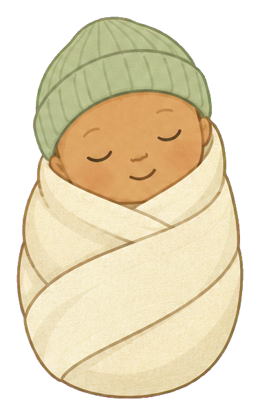 Sleeping baby swaddled in a cream blanket with a green knit cap