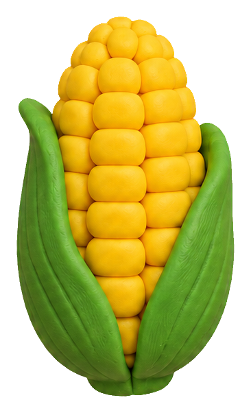 Yellow sweet corn with green husks in a clay-style sticker graphic