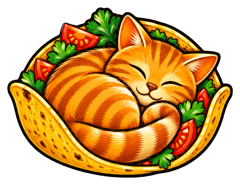 A smiling cat curled up in a taco shell with lettuce and tomatoes.