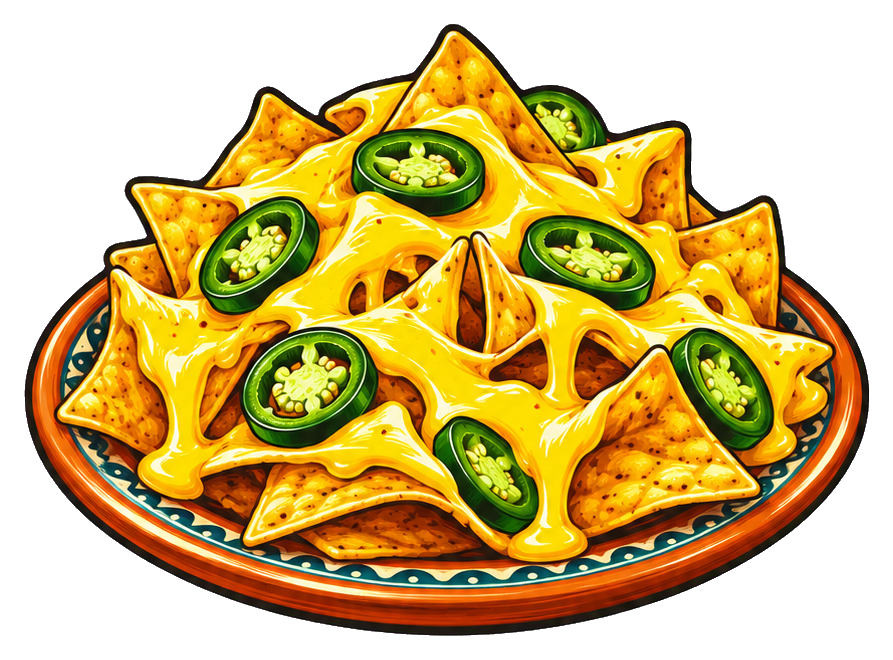 A plate of loaded nachos topped with tacos and sliced peppers
