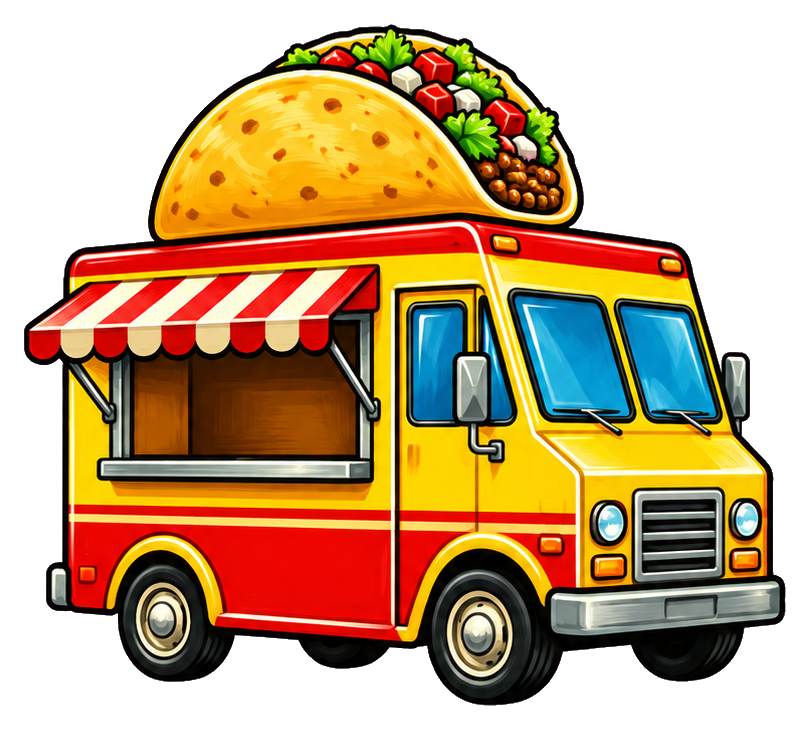 Colorful taco food truck sticker with a taco on top and striped awning