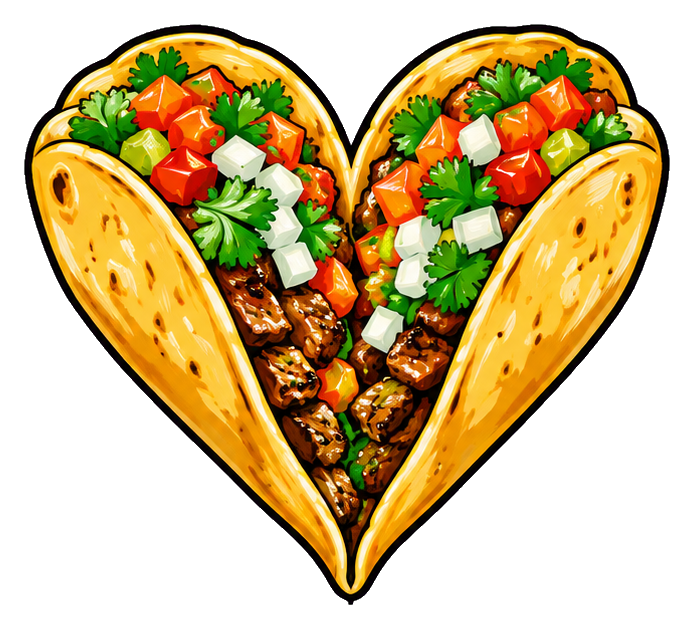Heart-shaped taco illustration filled with colorful toppings and salsa