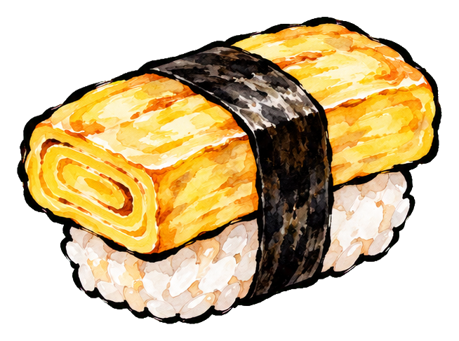 Illustrated tamago nigiri sushi with a seaweed strip in an ink painting style.