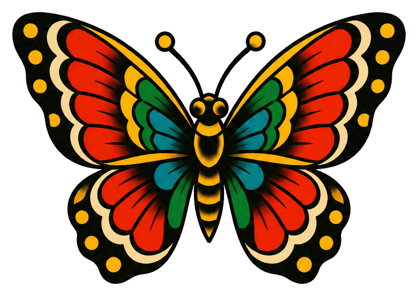 Colorful vintage butterfly tattoo flash sticker with bold red, orange, yellow, and green wings