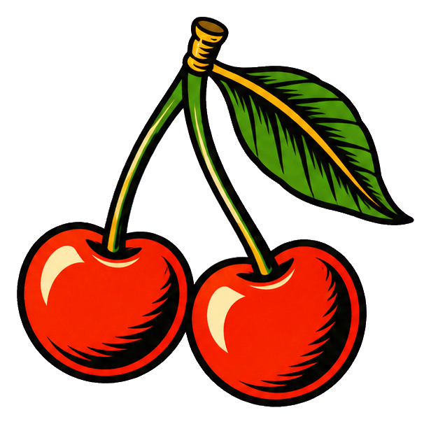 Two red cherries with green leaves in a bold tattoo flash style.