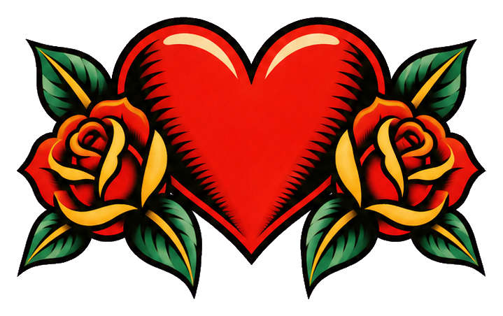 Red heart with two roses in a vintage tattoo flash style