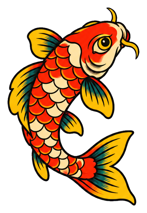 Vintage-style koi fish tattoo sticker with bold red, orange, yellow, and black linework