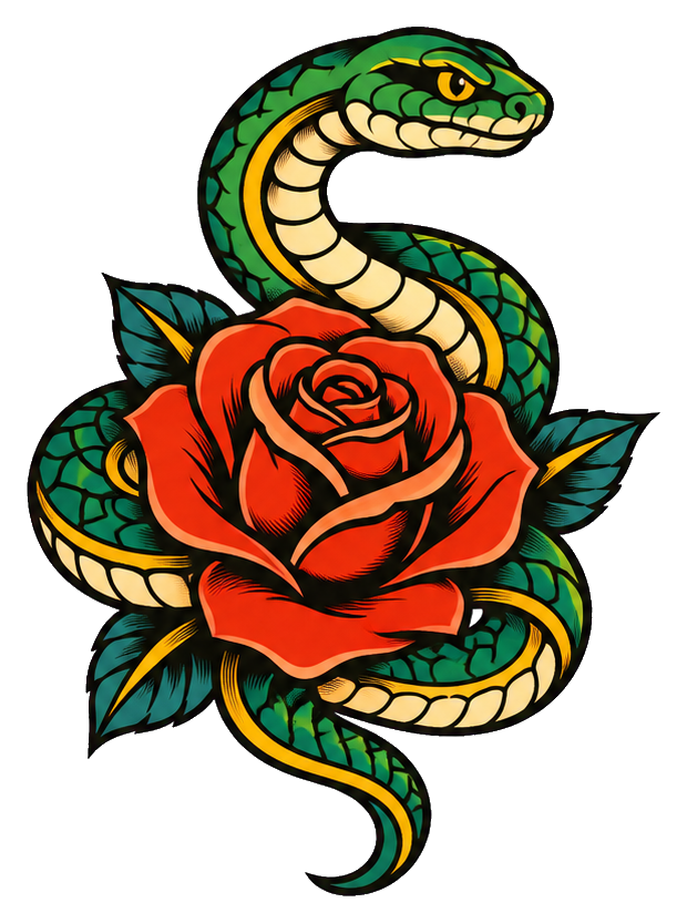 Green and yellow snake wrapped around a red rose tattoo flash sticker.