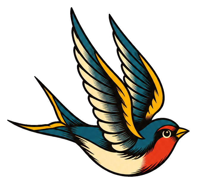 Vintage swallow bird with outstretched wings in classic tattoo flash style