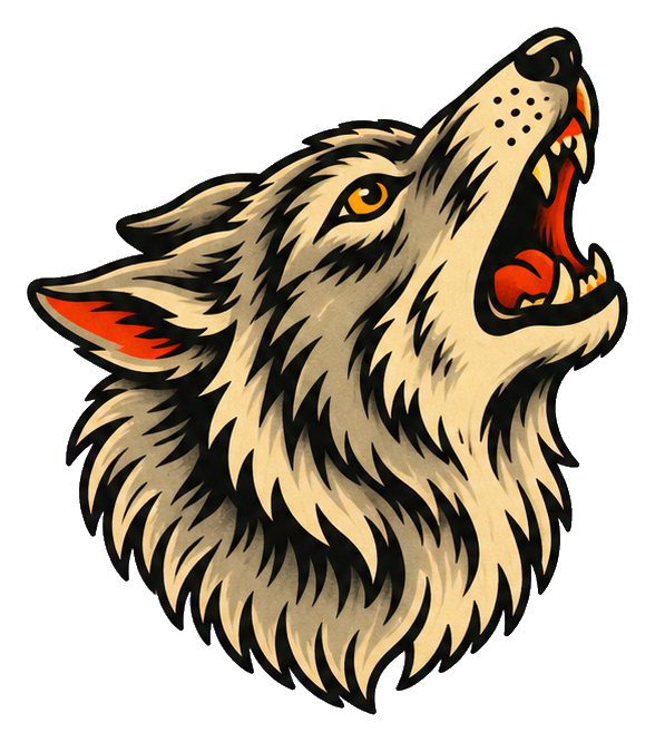 Black and cream wolf head tattoo flash sticker howling with open mouth and red tongue