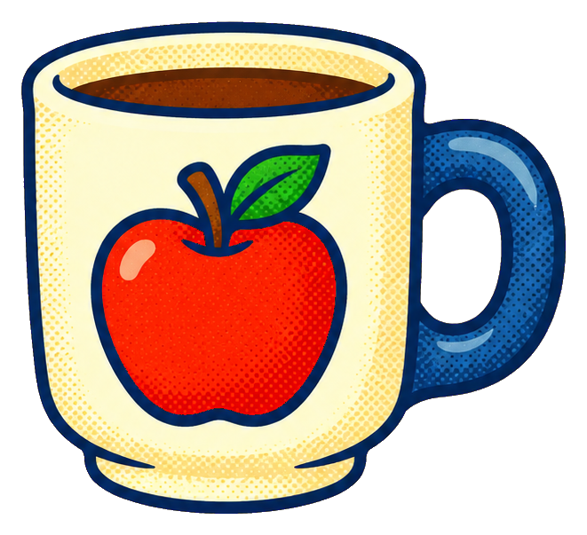 Illustrated coffee mug with an apple design and blue handle