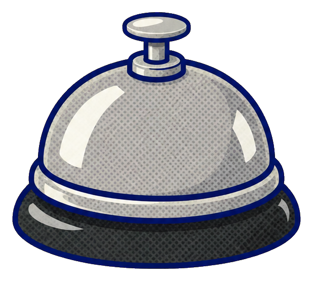 Illustrated silver teacher desk bell with a blue base and button top.