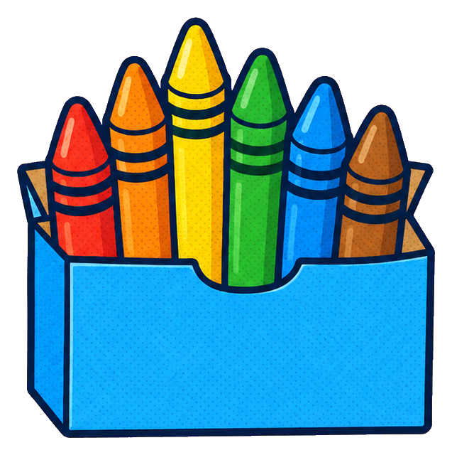 Blue box filled with colorful crayons in red, orange, yellow, green, and blue