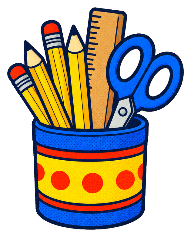 Pencil cup filled with pencils, ruler, and scissors in a colorful teacher supplies sticker.