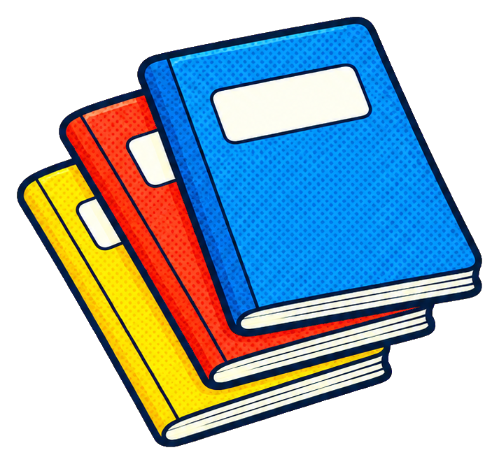 Colorful stack of notebooks with blue, red, yellow, and white covers