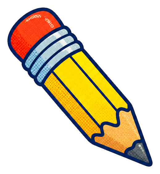 Sharpened yellow pencil sticker with blue metal bands and an orange eraser