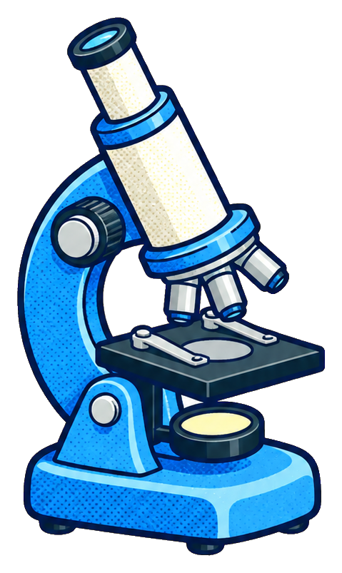 Blue microscope sticker with a tilted eyepiece and black stage on a blue base