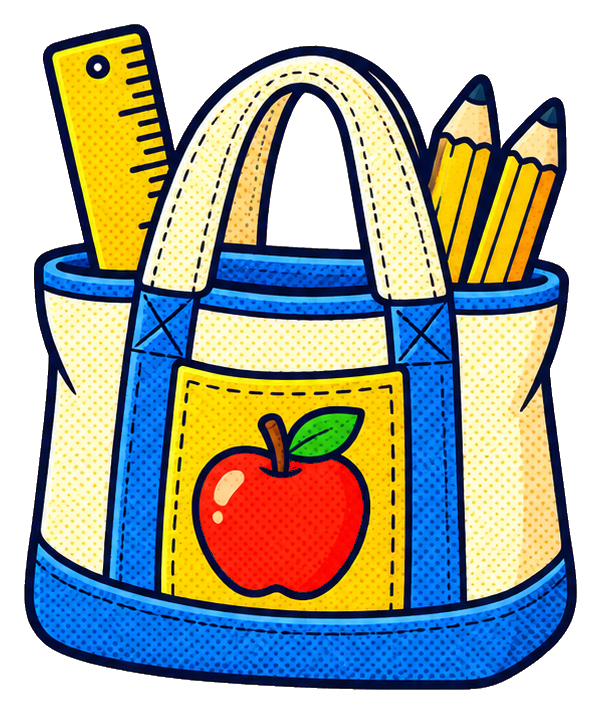 Colorful teacher tote bag with an apple, ruler, and pencils in the pockets