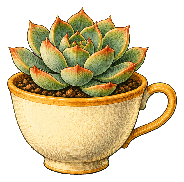 A green succulent growing in a cream teacup with a handle.