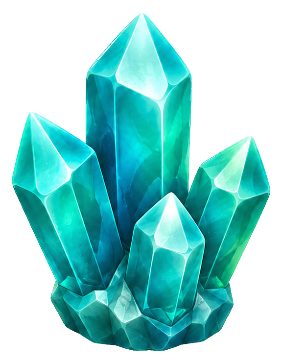Three teal crystal points rising from a clustered gem base in a 3D cartoon style