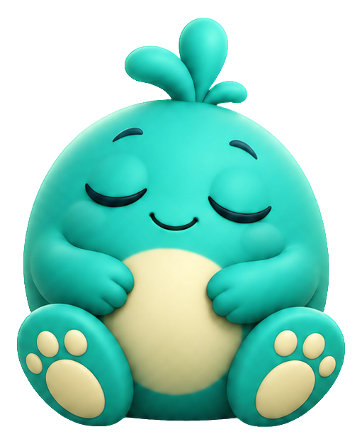 Teal sleepy monster with closed eyes hugging its belly and sitting with paw pads visible