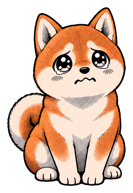 A teary-eyed shiba inu sitting with a sad expression and blushing cheeks.