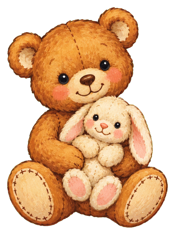A vintage teddy bear holding a small bunny with stitched details and soft pastel colors