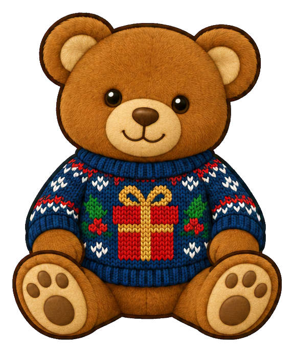 Cute teddy bear wearing a blue ugly Christmas sweater with a gift pattern.