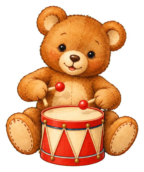 Cute teddy bear sitting with a red toy drum and drumsticks